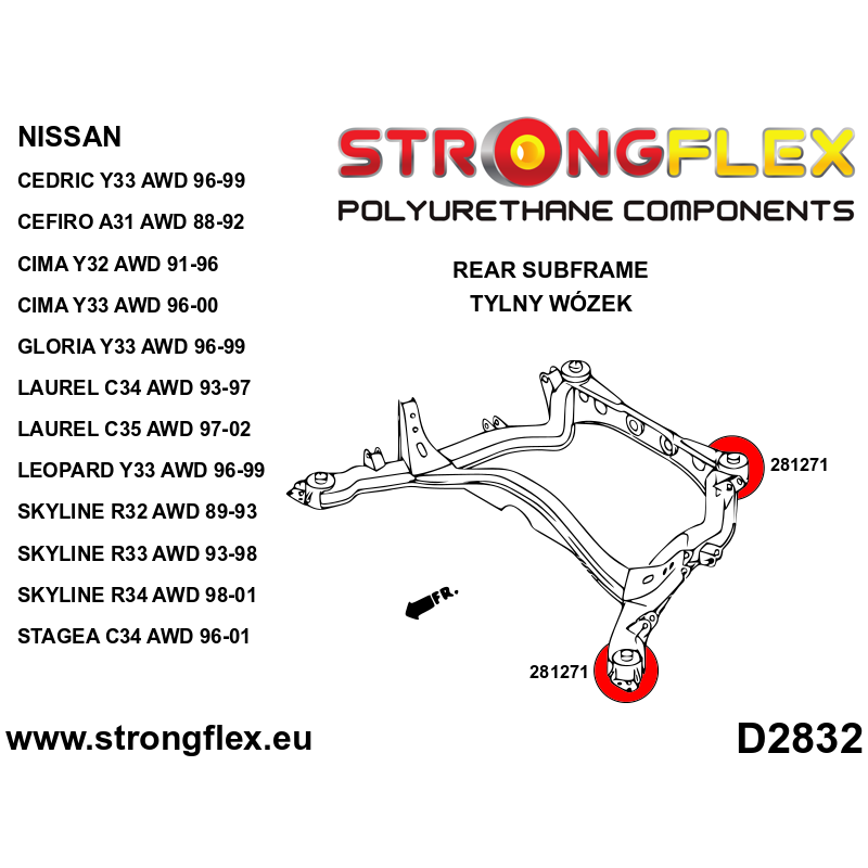 STRONGFLEX|286216A: Polyurethan Buchsensatz für Vorder- und Hinterachse R32 AWD SPORT Nissan Skyline Diagramm Schema:D2832