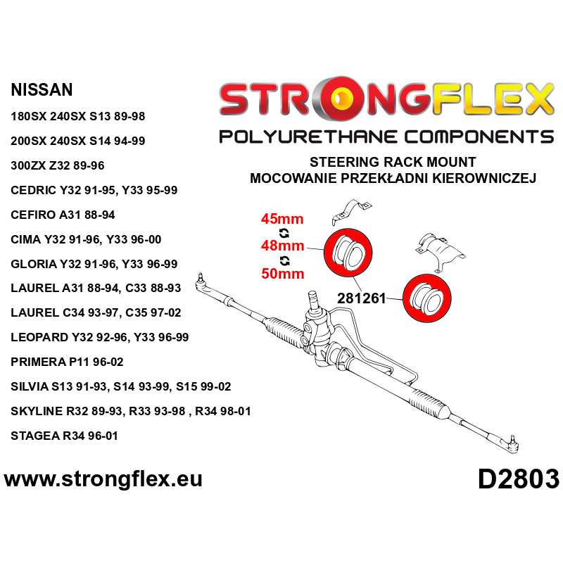 STRONGFLEX|281261A: Buchse Lenkgetriebe Befestigung SPORT Nissan 300ZX 90-96 Z32 Skyline VIII 89-94 R32 Diagramm Schema:D2803