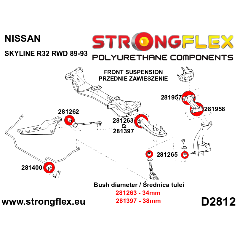 STRONGFLEX|281957A: Tuleja wahacza przedniego górnego - górna SPORT Nissan 300ZX 90-96 Z32 Skyline VIII diagram schemat:D2812