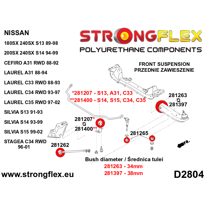 STRONGFLEX|281262A: Front lower radius arm to chassis bush SPORT Nissan 300ZX 90-96 Z32 Skyline VIII 89-94 diagram scheme:D2804