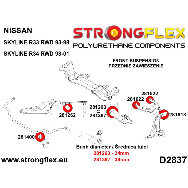 STRONGFLEX|281262A: Buchse vordere Zug, Schubstrebe SPORT Nissan 300ZX 90-96 Z32 Skyline VIII 89-94 R32 Diagramm Schema:D2837