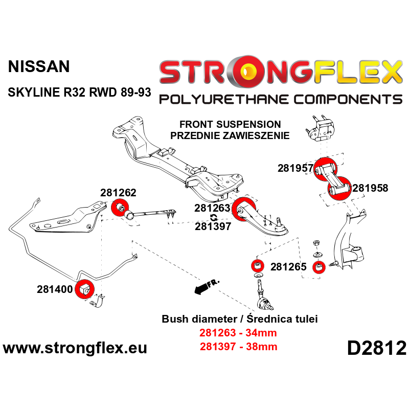 STRONGFLEX|281265A: Buchse vordere Koppelstange SPORT Nissan S-chassis 180SX/200SX 240SX Silvia V 88-98 Diagramm Schema:D2812