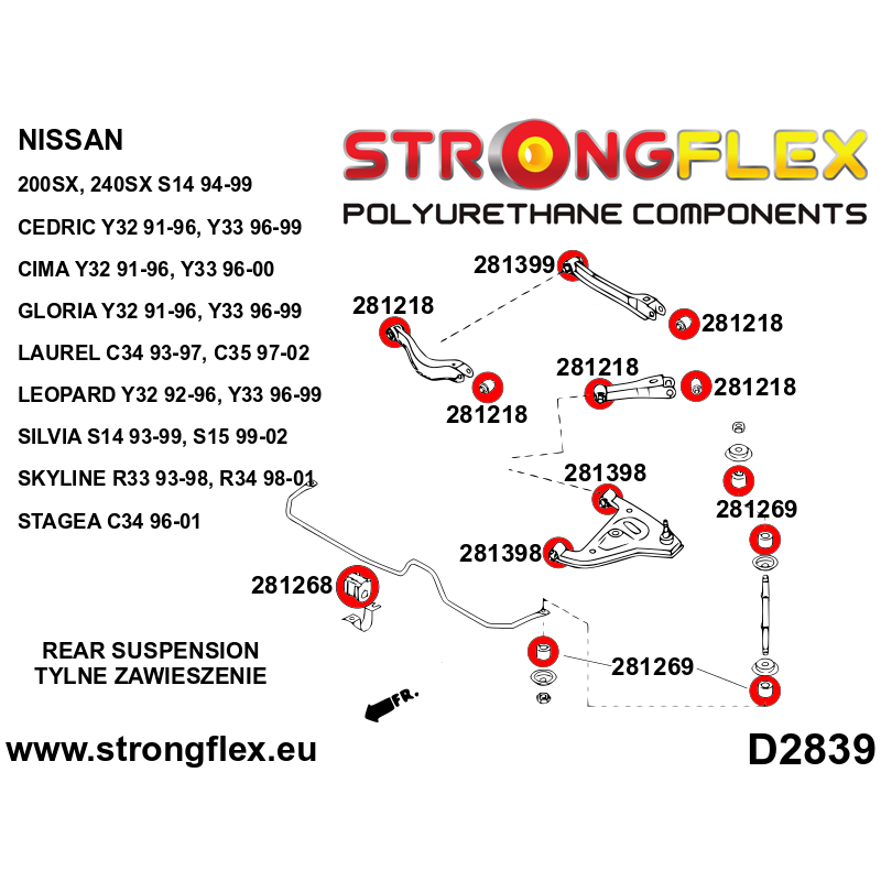 STRONGFLEX|281218A: Rear arm bush SPORT Nissan 300ZX 90-96 Z32 Skyline VIII 89-94 R32 AWD S-chassis diagram scheme:D2839