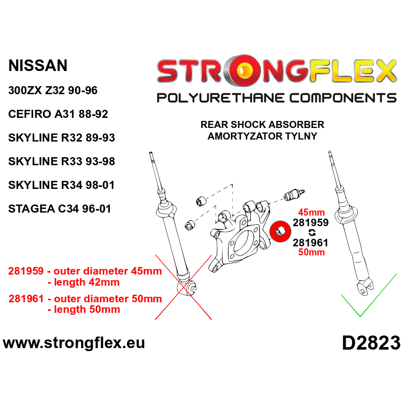 STRONGFLEX|281959A: Hinterachse untere Stoßdämpfer Buchse 45mm SPORT Nissan 300ZX 90-96 Z32 Skyline Diagramm Schema:D2823