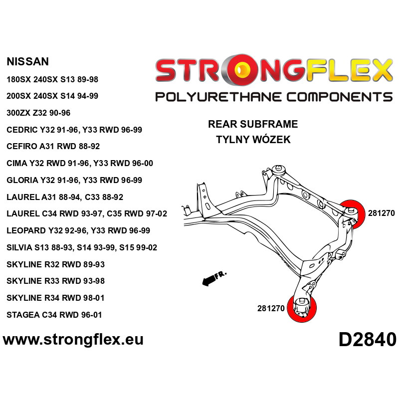 STRONGFLEX|286217A: Full suspension bush kit R33 R34 RWD SPORT Nissan Skyline IX 93-98 R33 RWD X 97-02 R34 diagram scheme:D2840