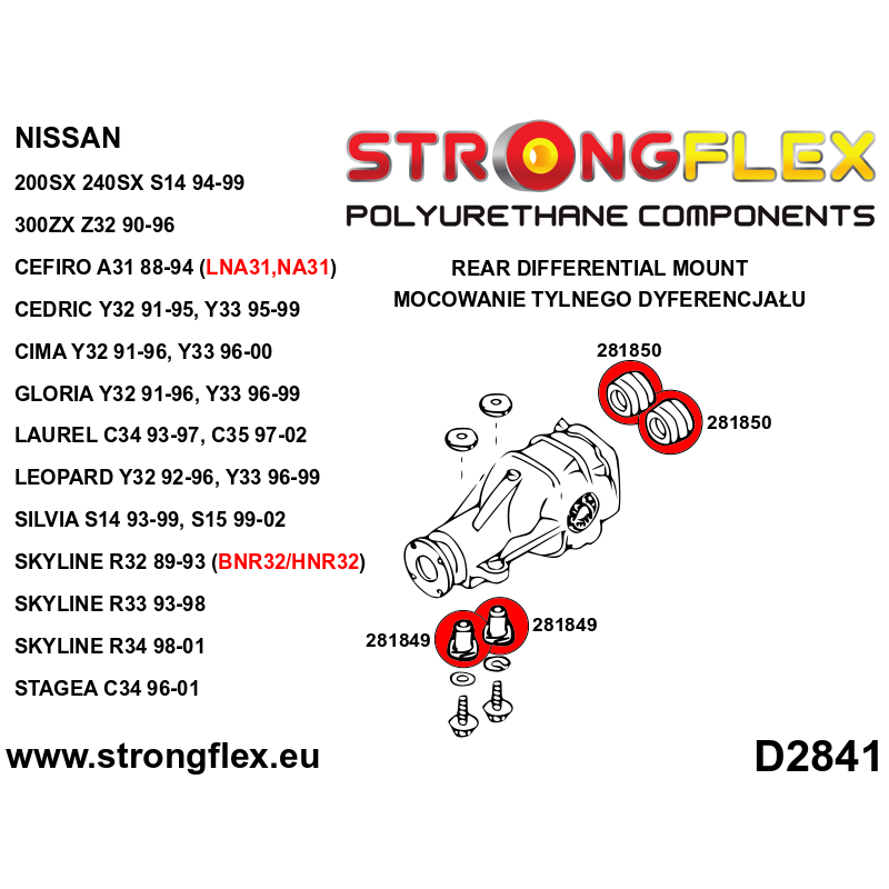 STRONGFLEX|286217A: Polyurethan Buchsensatz für Vorder- und Hinterachse R33 R34 RWD SPORT Nissan Skyline Diagramm Schema:D2841