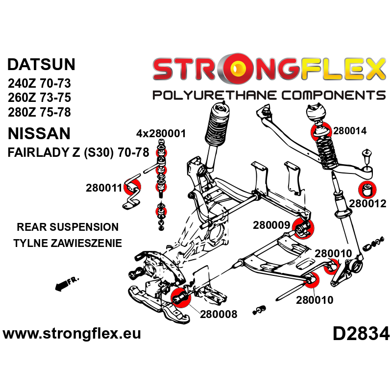 STRONGFLEX|286208A: Polyurethan Buchsensatz für Vorder und Hinterachse SPORT Datsun 240/260/280Z 70-78 Diagramm Schema:D2834