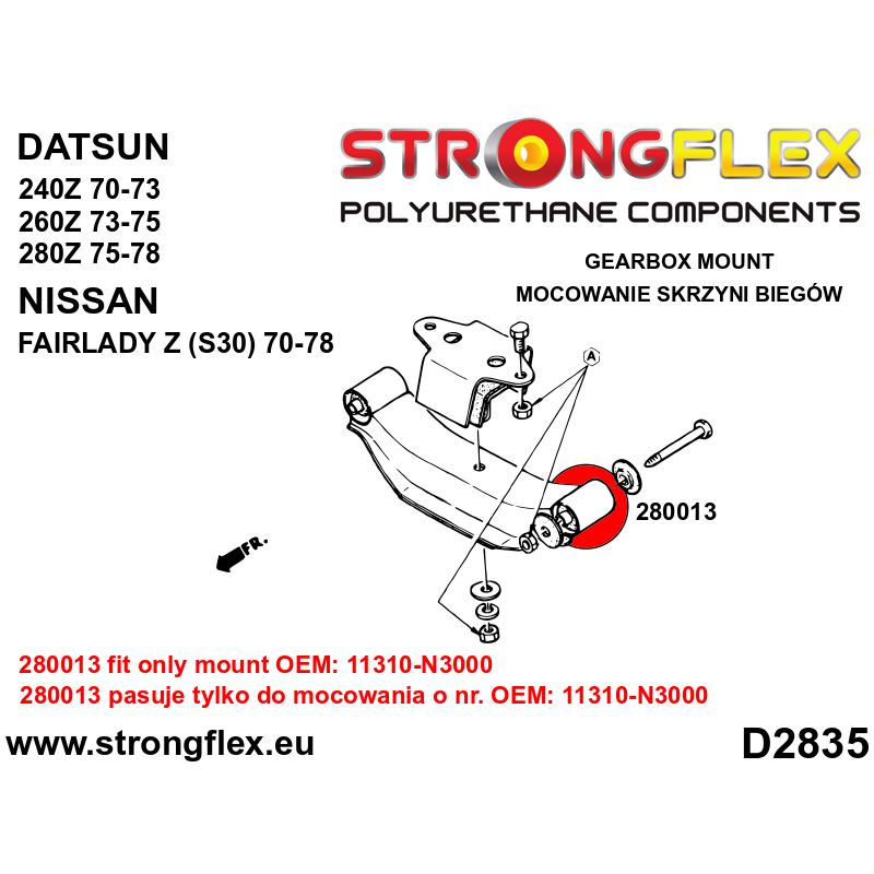 STRONGFLEX|280013A: Gearbox mount bush SPORT Datsun 240/260/280Z 70-78 Nissan Fairlady Z diagram scheme:D2835