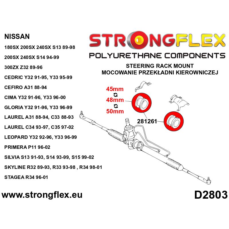 STRONGFLEX|286084A: Full suspension bush kit SPORT Nissan S-chassis 180SX/200SX 240SX Silvia V 88-98 S13 diagram scheme:D2803