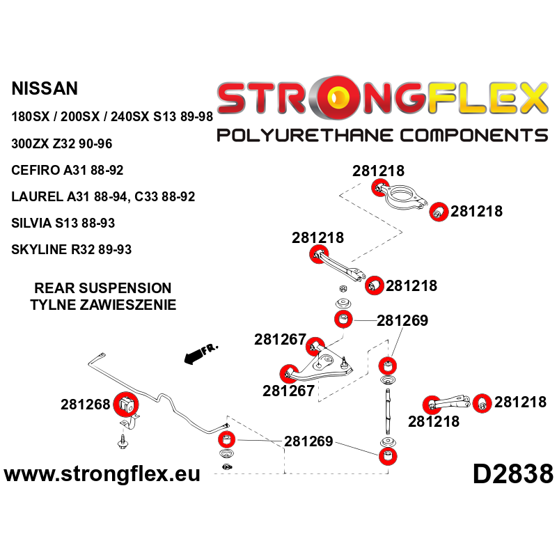 STRONGFLEX|286084A: Full suspension bush kit SPORT Nissan S-chassis 180SX/200SX 240SX Silvia V 88-98 S13 diagram scheme:D2838