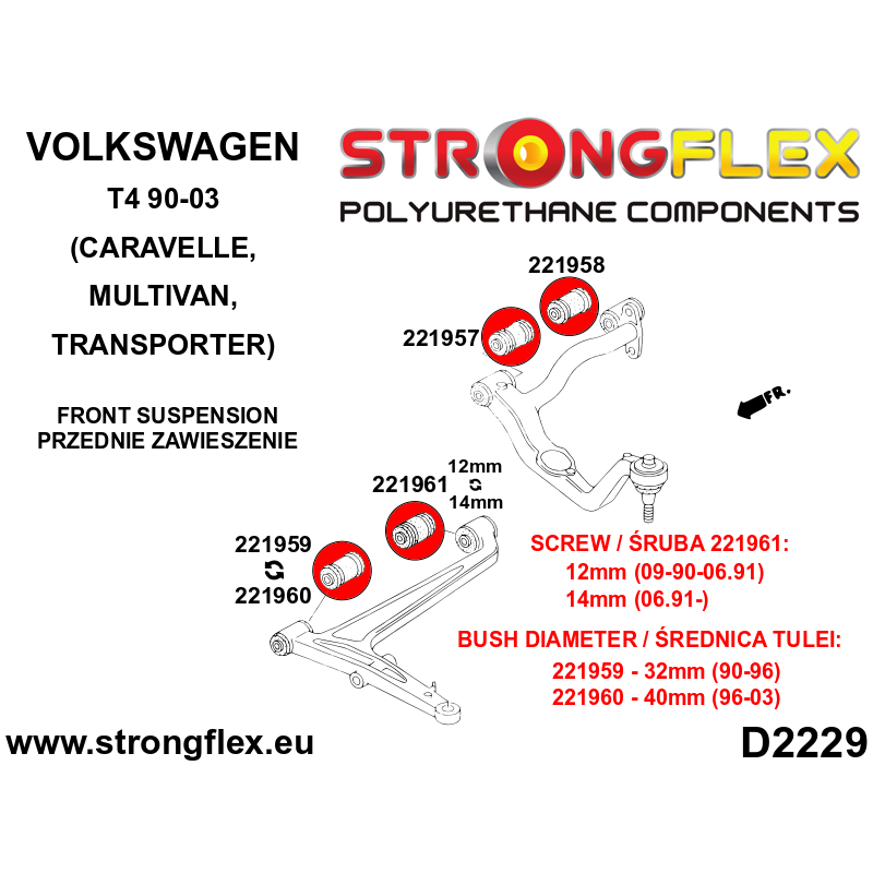 STRONGFLEX|221957A: Tuleja wahacza przedniego górnego – przednia SPORT Volkswagen T4 90-03 Caravelle diagram schemat:D2229