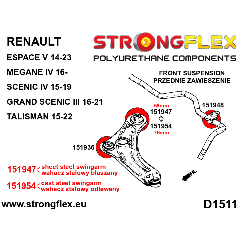 STRONGFLEX|151947A: Front lower arm - rear bush 58mm SPORT Renault Mégane IV diagram scheme:D1511