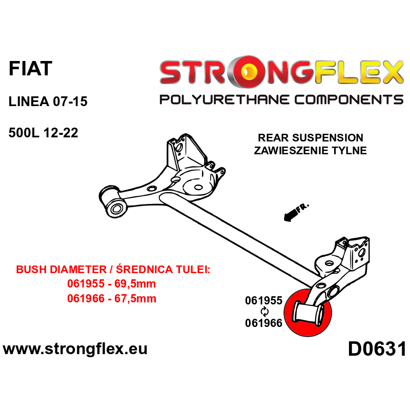 STRONGFLEX|061955A: Heck Träger buchsen 69,5mm SPORT Alfa Romeo Mito 08-18 type 955 Fiat Linea 07-15 Diagramm Schema:D0631