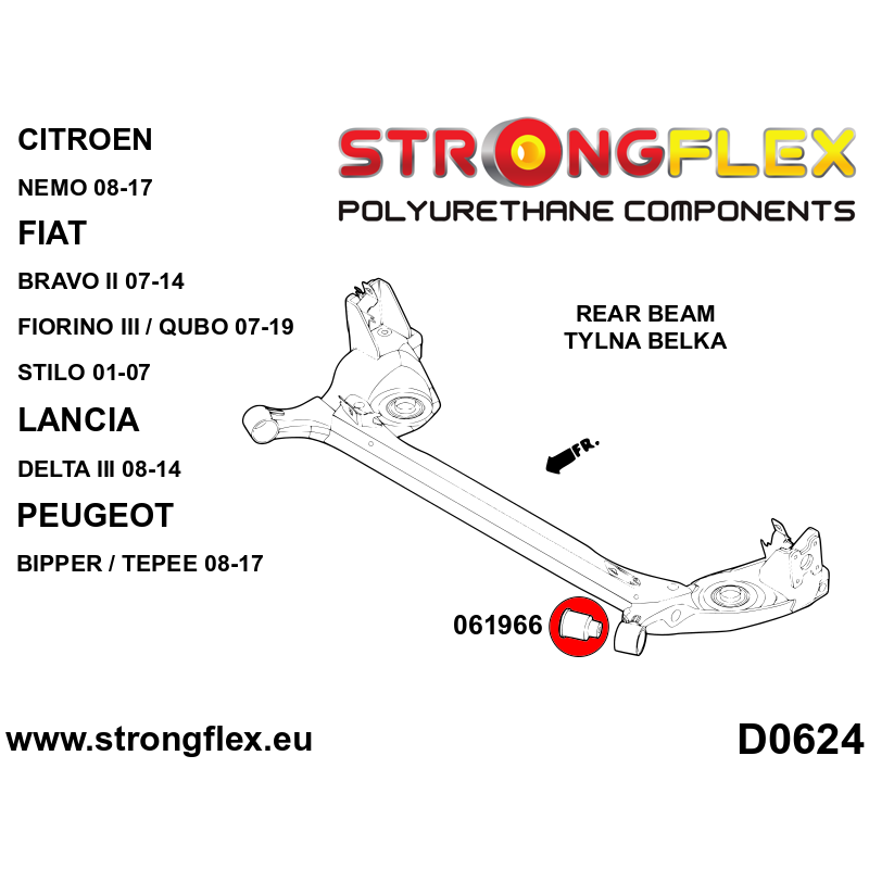 STRONGFLEX|061966A: Hinterstrahl-Montagebuchse 67,5mm SPORT Citroën Nemo 08-17 Fiat Fiorino III/Qubo Diagramm Schema:D0624