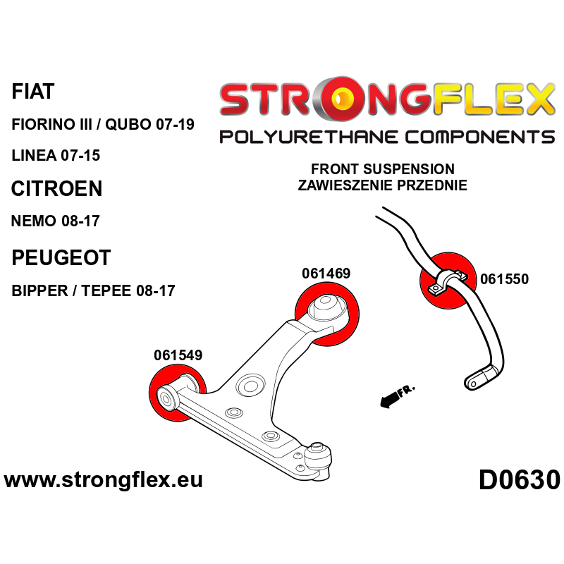 STRONGFLEX|066078A: Front suspension and ream beam bush kit SPORT Citroën Nemo 08-17 Fiat Fiorino diagram scheme:D0630