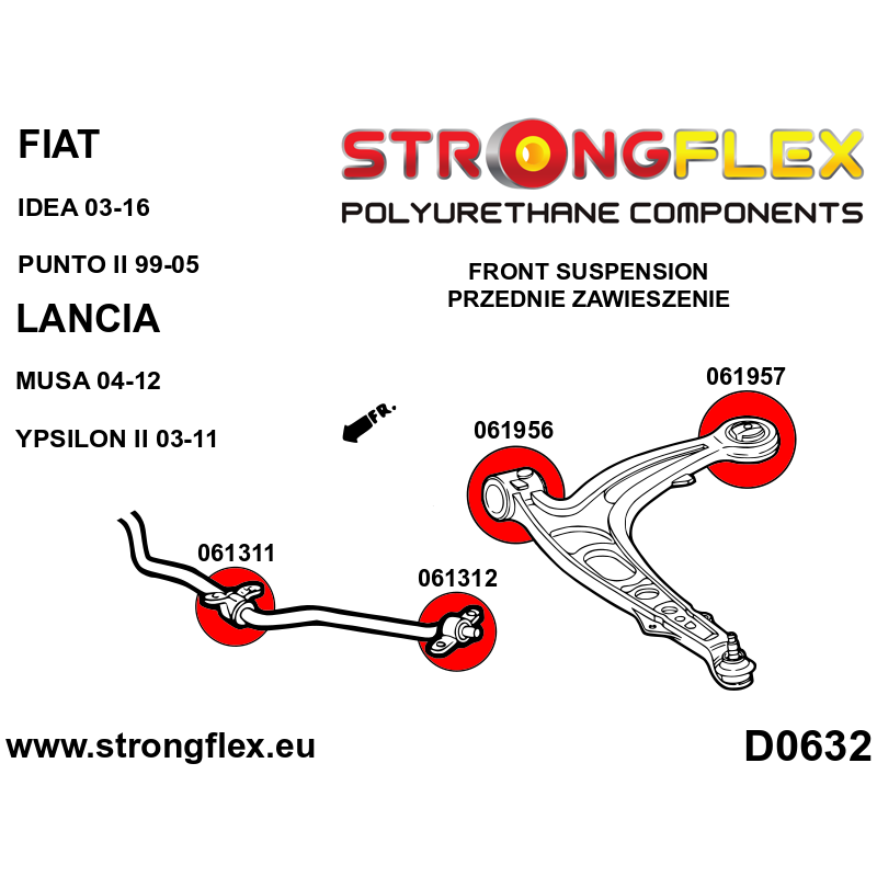 STRONGFLEX|061956A: Front control arm – front bush SPORT Fiat Panda II 03-12 4x4 500 07-20 Ford KA 08-16 diagram scheme:D0632