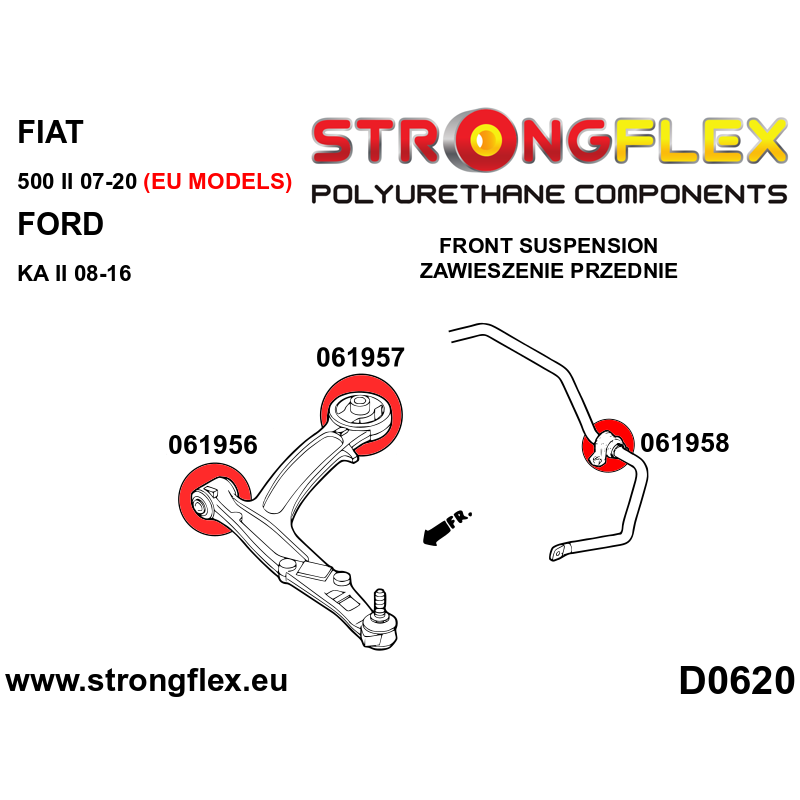 STRONGFLEX|061956A: Front control arm – front bush SPORT Fiat Panda II 03-12 4x4 500 07-20 Ford KA 08-16 diagram scheme:D0620