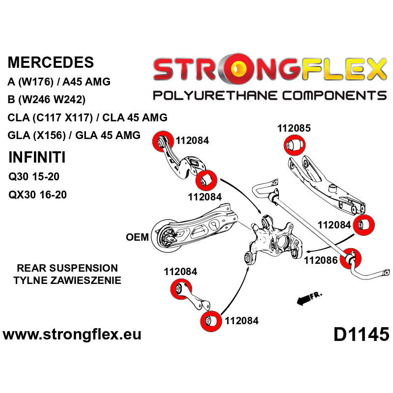 STRONGFLEX|116291A: Komplettes Fahrwerk Buchsen-Kit SPORT Mercedes Klasse A III 12-17 W176 4MATIC B II Diagramm Schema:D1145