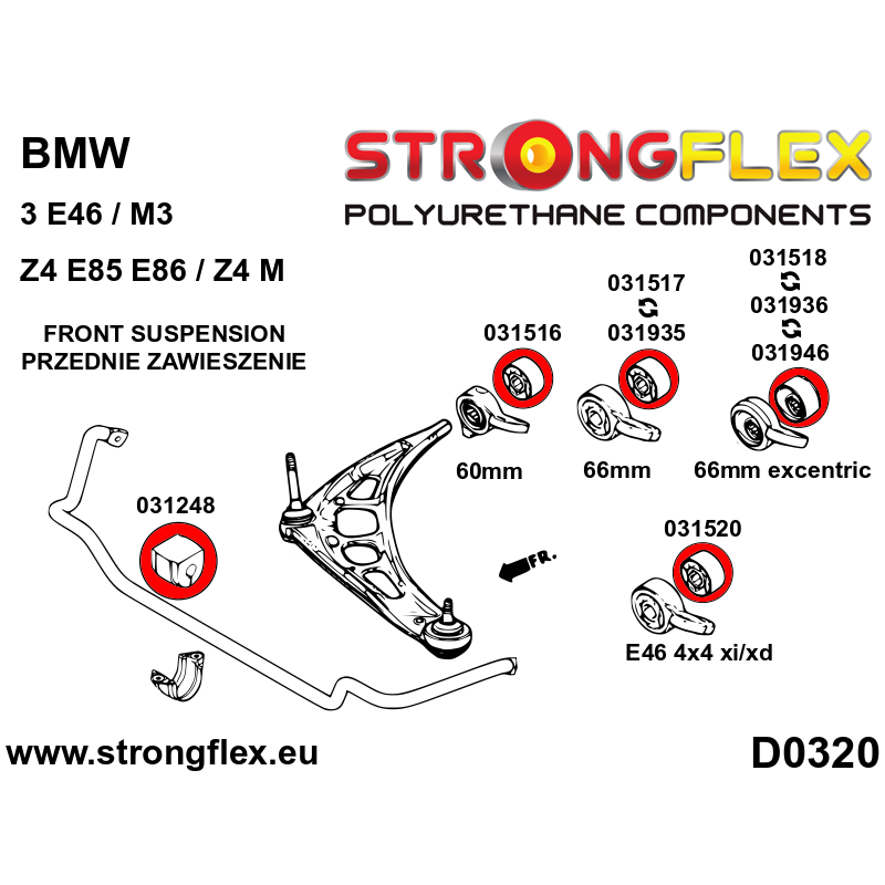 STRONGFLEX|036206A: Polyurethan Buchsensatz für Vorder-und Hinterachse SPORT BMW Seria 3 IV 98-07 E46 Diagramm Schema:D0320