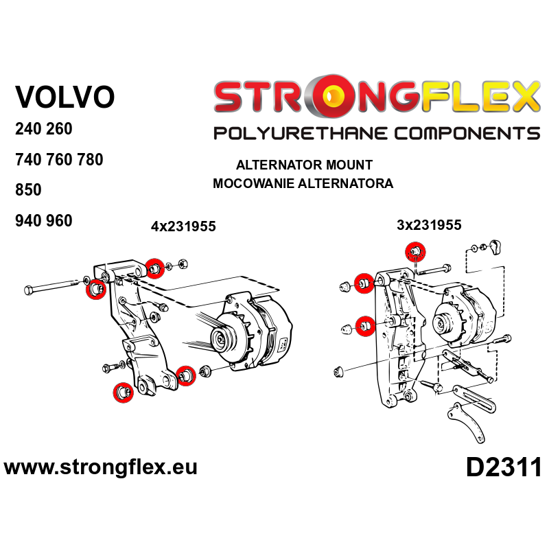 STRONGFLEX|231955A: Alternator bush mount SPORT Volvo 850 91-96 Seria 200 240 75-93 260 75-85 700 740 diagram scheme:D2311