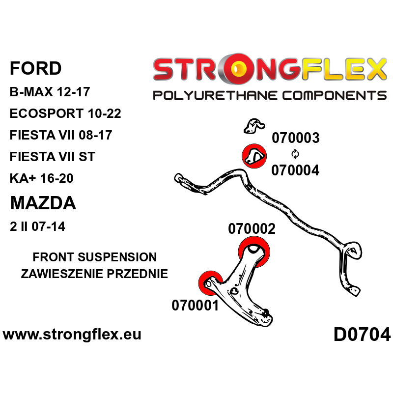 STRONGFLEX|076166A: Full suspension bush kit SPORT Ford Fiesta MK7/ST 08-17 Mazda 2 Demio II 07-14 B-Max diagram scheme:D0704