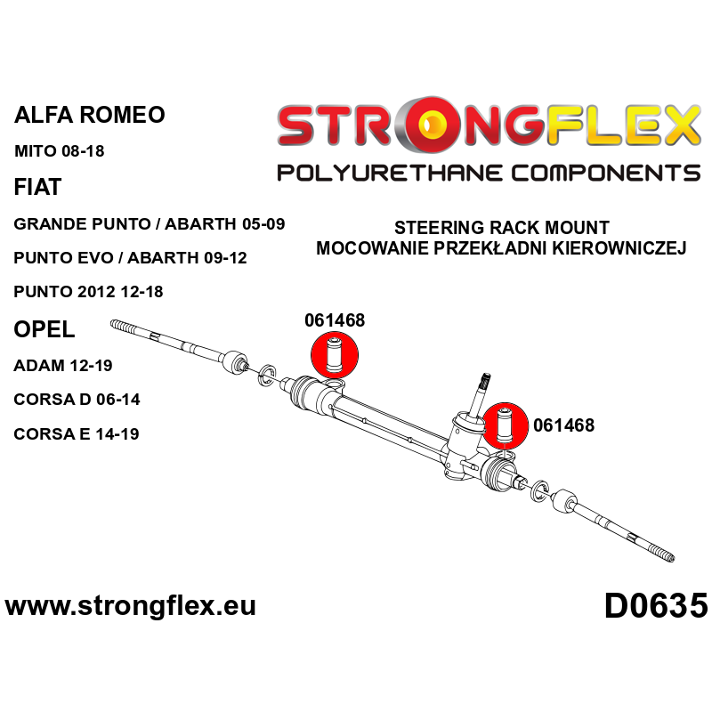 STRONGFLEX|061468A: Steering rack bush SPORT Alfa Romeo Mito 08-18 type 955 Fiat Punto Grande/Abarth 05-09 diagram scheme:D0635