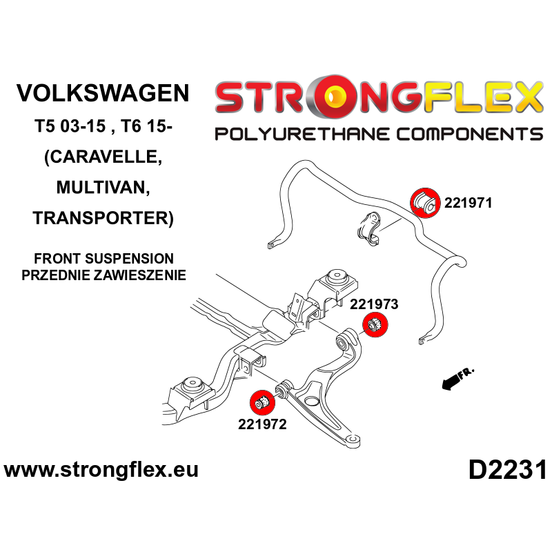 STRONGFLEX|221971A: Front anti roll bar bush SPORT Volkswagen T5 03-15 Caravelle Multivan Transporter T6 diagram scheme:D2231