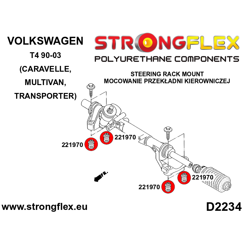 STRONGFLEX|221970A: Tuleja przekładni kierowniczej SPORT Volkswagen T4 90-03 Caravelle Multivan diagram schemat:D2234