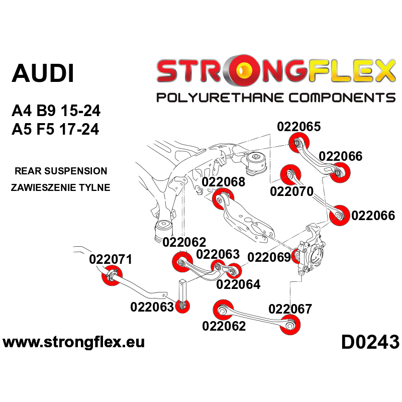 STRONGFLEX|022062A: Rear arm bush – inside SPORT Audi A4/S4 RS4 V 15-23 B9 FWD Quattro 16-23 17-23 A5 S5 diagram scheme:D0243