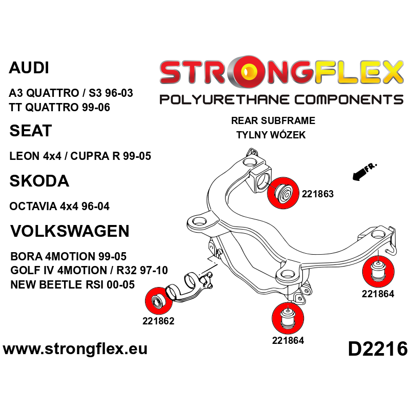 STRONGFLEX|221863A: Tuleja tylnego dyferencjału - tylna SPORT Audi A3/S3 RS3 I 96-03 8L 99-03 Quattro TT diagram schemat:D2216