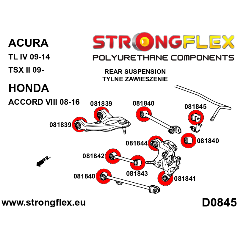 STRONGFLEX|081845A: Rear anti roll bar bush SPORT Honda Accord VIII 08-16 Acura TL IV 09-14 UA8/UA9 TSX II diagram scheme:D0845