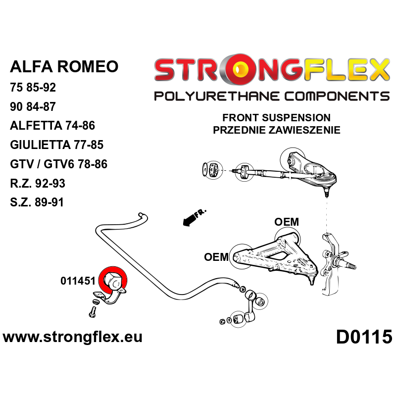 STRONGFLEX|011451A: Front anti roll bar bush SPORT Alfa Romeo 75/Milano 85-92 type 161 162B 90 84-87 162 diagram scheme:D0115