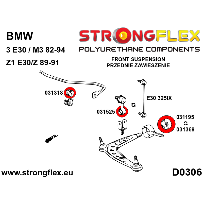 STRONGFLEX|031195A: Tuleja wahacza przedniego - centryczna 60mm SPORT BMW Seria 3 II 82-91 E30 III 90-99 diagram schemat:D0306