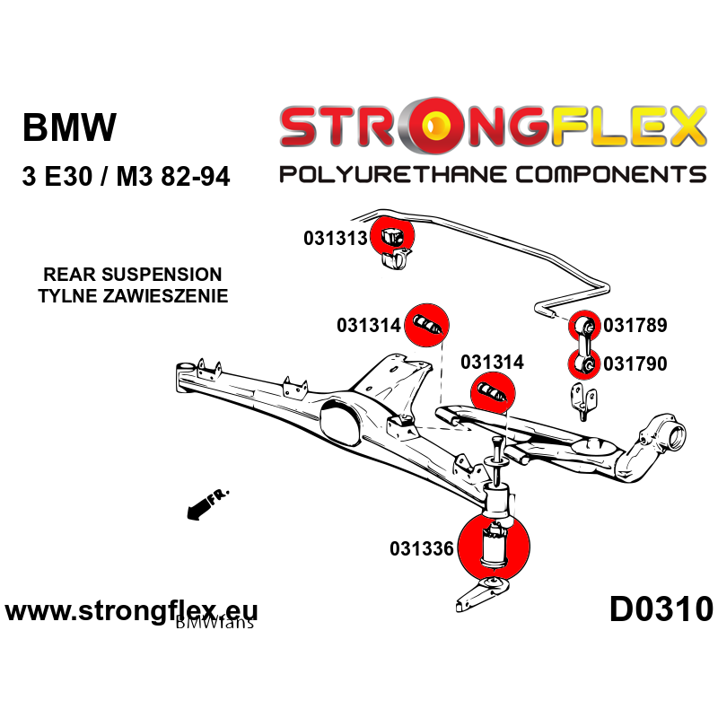 STRONGFLEX|031313A: Hintere Stabibuchse SPORT BMW Seria 3 II 82-91 E30 III 90-99 E36 93-00 Compact 5 Diagramm Schema:D0310