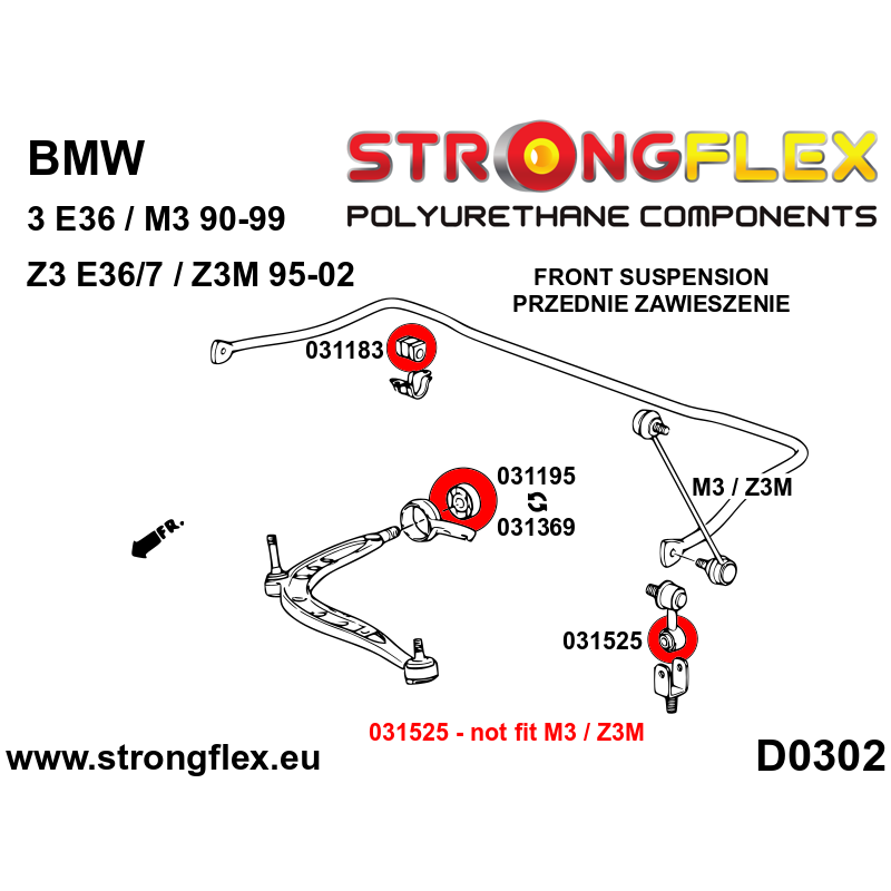 STRONGFLEX|036105A: Full suspension bush kit SPORT BMW Seria 3 III 90-99 E36 92-99 M3 diagram scheme:D0302