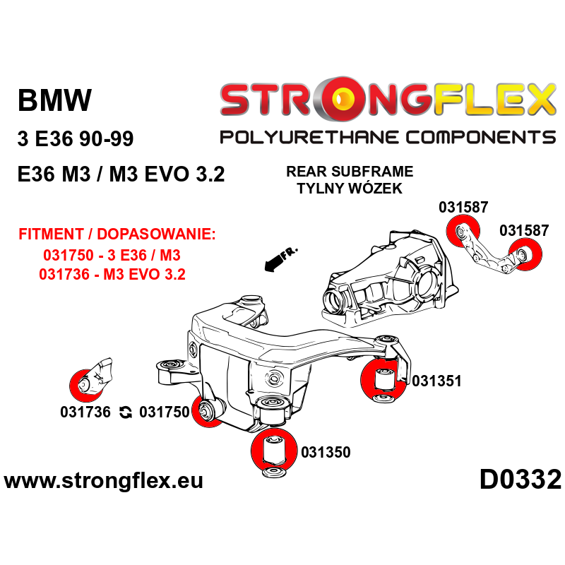 STRONGFLEX|031350A: Hintere Achsträger - vordere Buchse SPORT BMW Seria 3 III 90-99 E36 92-99 Diagramm Schema:D0332