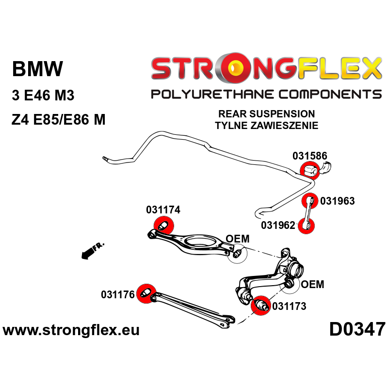 STRONGFLEX|036238A: Full suspension bush kit SPORT BMW Seria 3 IV 98-07 E46 00-06 M3 Z4 I 02-08 E85/E86 M diagram scheme:D0347