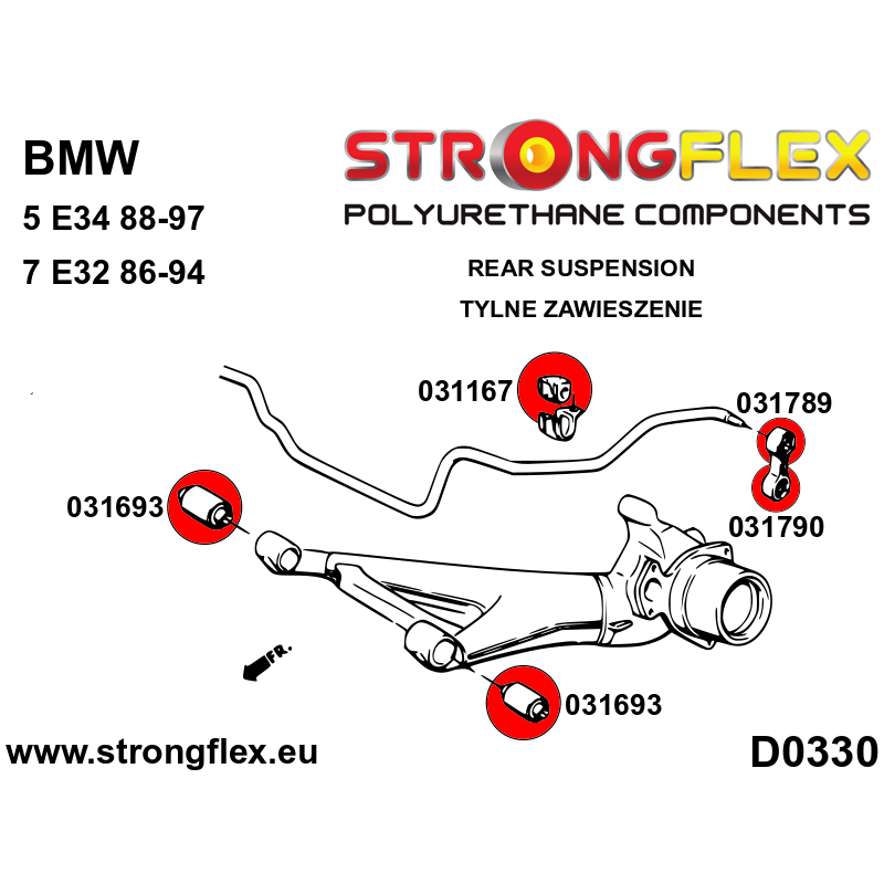 STRONGFLEX|031167A: Anti roll bar bush front / rear SPORT BMW Seria 3 III 90-99 E36 92-99 M3 IV 98-07 E46 diagram scheme:D0330