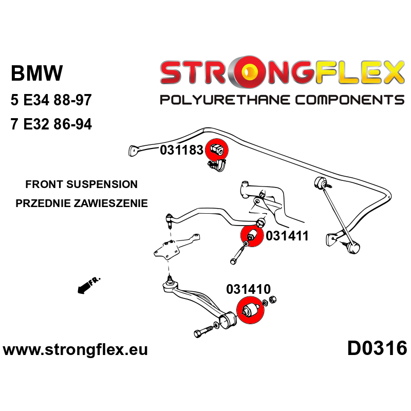 STRONGFLEX|031410A: Tuleja wahacza przedniego przód SPORT BMW Seria 5 II 81-88 E28 III 88-96 E34 6 I diagram schemat:D0316