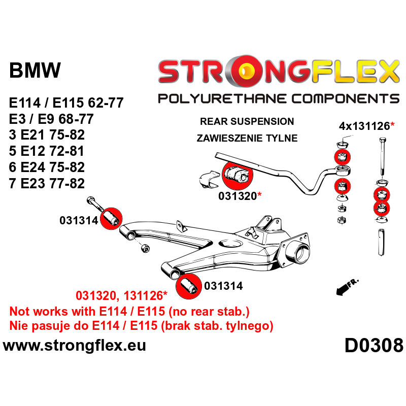 STRONGFLEX|031314A: Tuleja wahacza tylnego SPORT BMW Seria 3 I 75-82 E21 II 82-91 E30 III 90-99 E36 93-00 diagram schemat:D0308