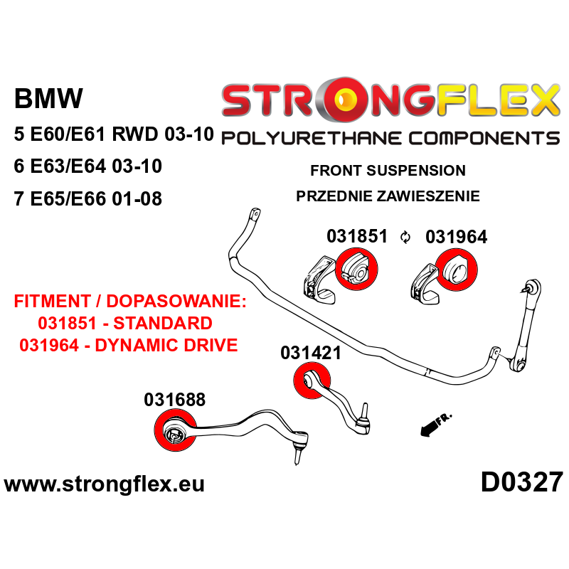 STRONGFLEX|036248A: Full suspension polyurethane bush kit SPORT BMW Seria 5 V 03-10 E60/E61 Sedan RWD diagram scheme:D0327