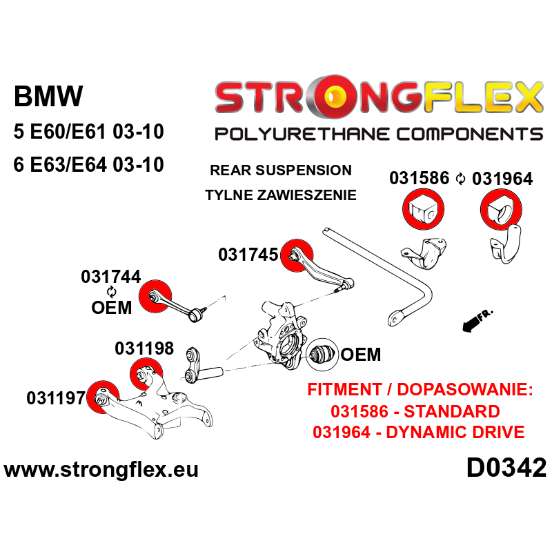 STRONGFLEX|036112A: Polyurethan Buchsensatz Hinterachse beide Achsschwingen SPORT BMW Seria 5 IV 95-03 Diagramm Schema:D0342