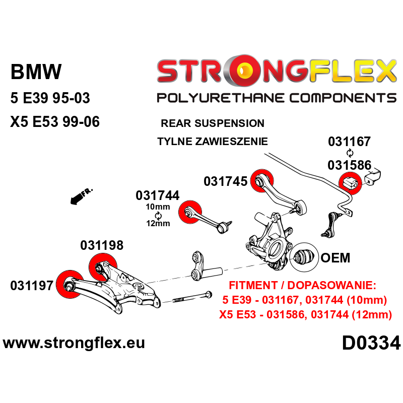 STRONGFLEX|036112A: Rear lower trailing arm bush kit SPORT BMW Seria 5 IV 95-03 E39 Sedan Touring V 03-10 diagram scheme:D0334