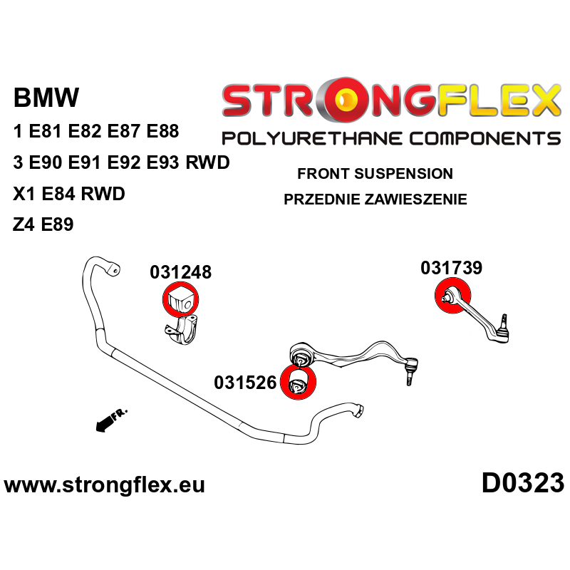 STRONGFLEX|036086B: Front suspension bush kit BMW Seria 1 I 04-13 E81/E82 E87 E88 3 V E90 E91 E92 E93 rwd diagram scheme:D0323