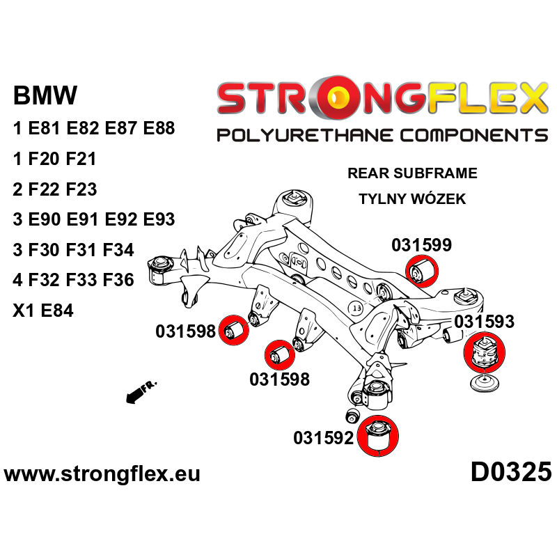 STRONGFLEX|036241A: Rear subframe bush kit SPORT BMW Seria 1 I 04-13 E81/E82 E87 E88 II 11-19 F20 F21 RWD diagram scheme:D0325