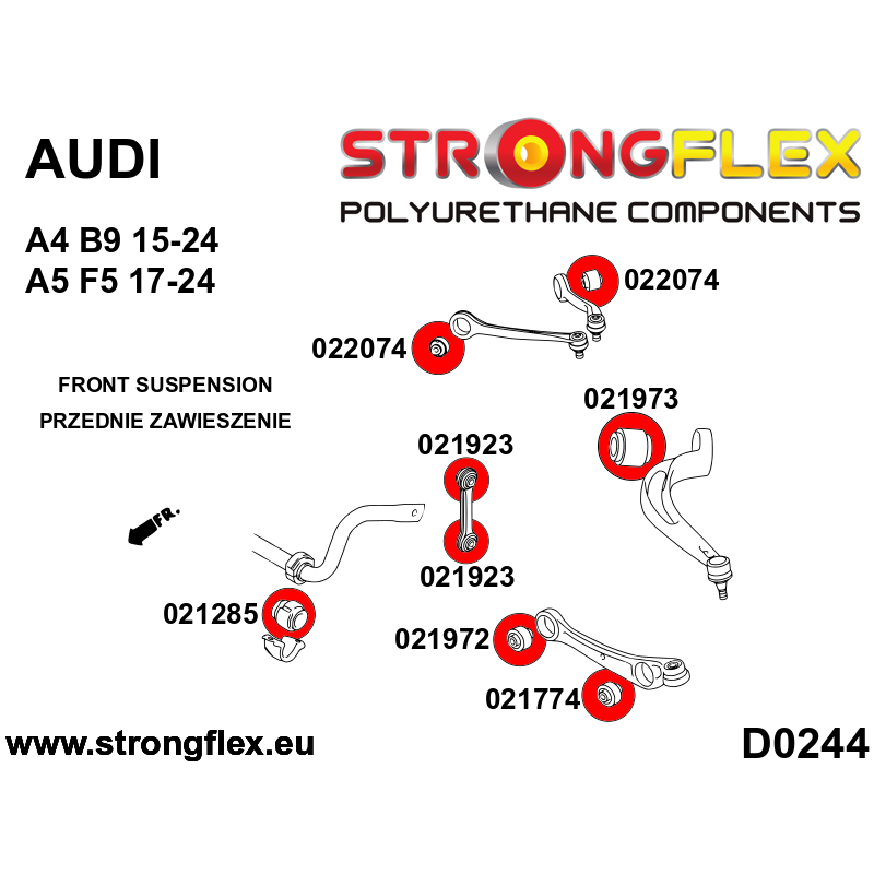 STRONGFLEX|022074A: Tuleja wahacza przedniego górnego SPORT Audi A4/S4 RS4 V 15-23 B9 FWD Quattro 16-23 diagram schemat:D0244