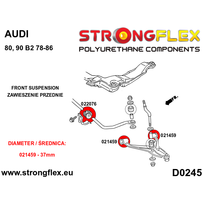 STRONGFLEX|022076A: Front anti roll bar bush SPORT Audi 80/90 S2 RS2 B2 78-86 FWD Quattro Coupe B3 86-91 diagram scheme:D0245