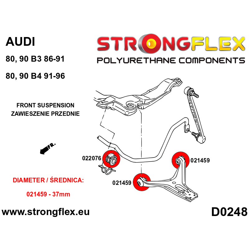 STRONGFLEX|022076A: Front anti roll bar bush SPORT Audi 80/90 S2 RS2 B2 78-86 FWD Quattro Coupe B3 86-91 diagram scheme:D0248