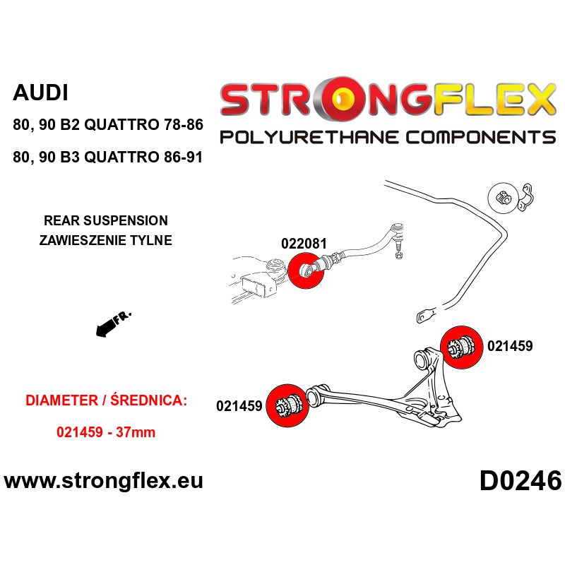 STRONGFLEX|022081A: Rear toe adjuster bush SPORT Audi 80/90 S2 RS2 B2 78-86 Quattro Coupe B3 diagram scheme:D0246