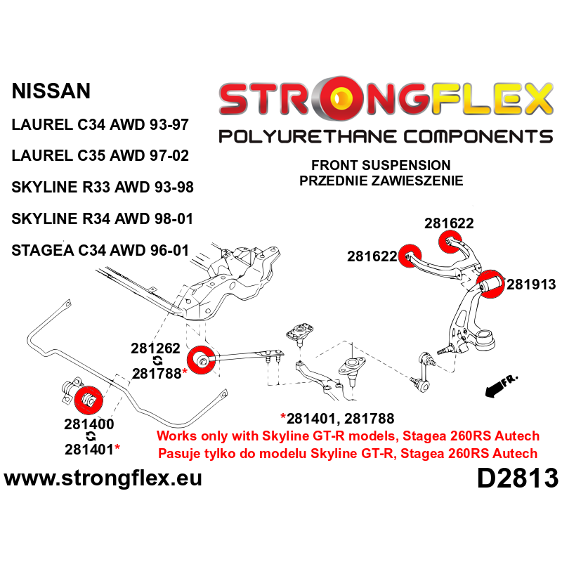 STRONGFLEX|286212B: Front suspension bush kit Nissan Skyline IX 93-98 R33 AWD X 97-02 R34 Stagea I 96-01 diagram scheme:D2813